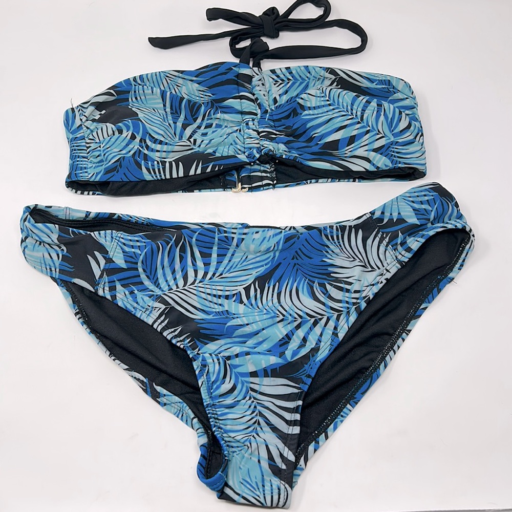 NWOT Time and Tru Blue Black Tropical Halter Top Bikini Swimsuit Set Size Medium